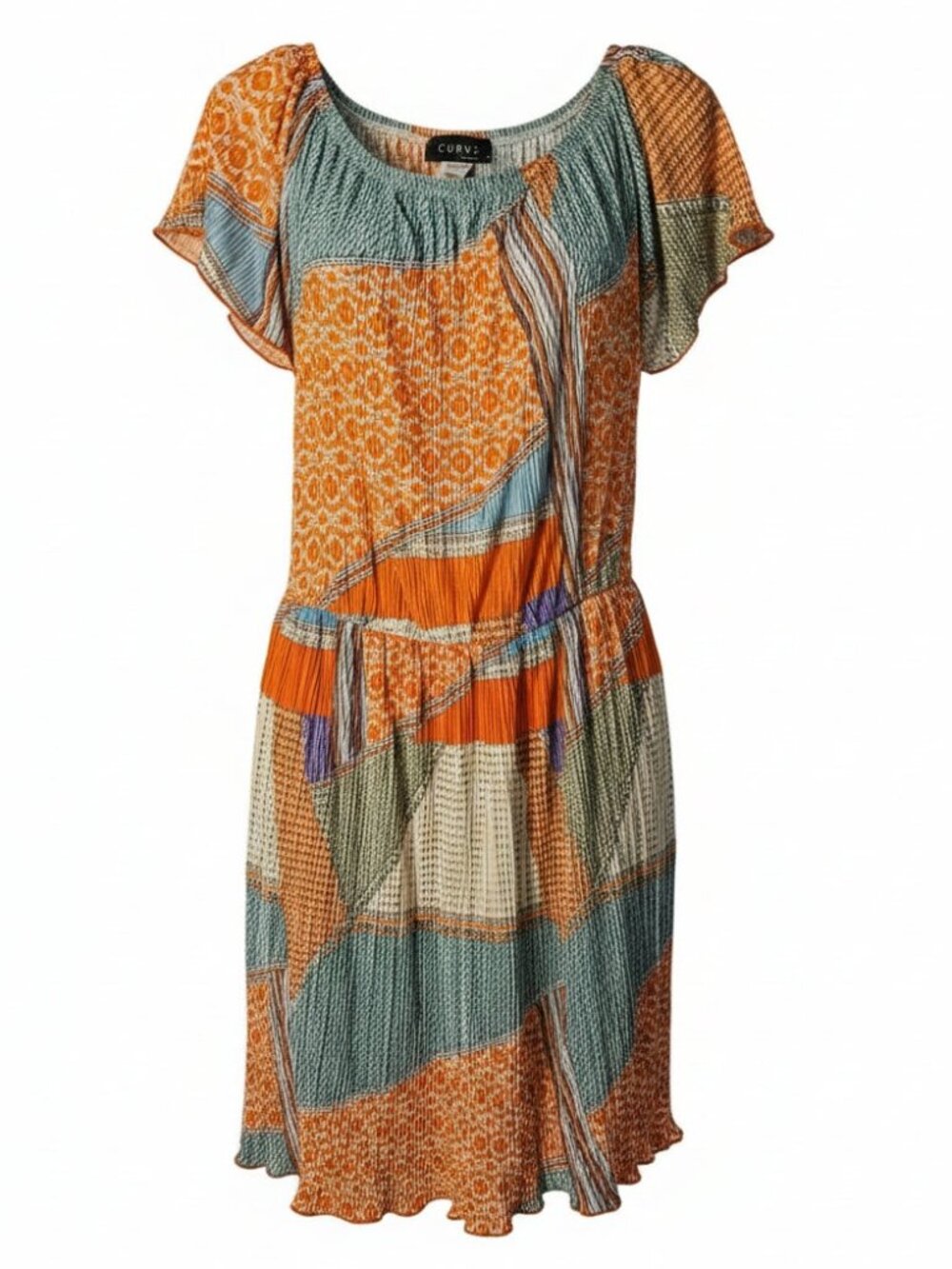 The Curve Size 1X Orange Green Patchwork Flutter Sleeve Dress - ITEM #2487